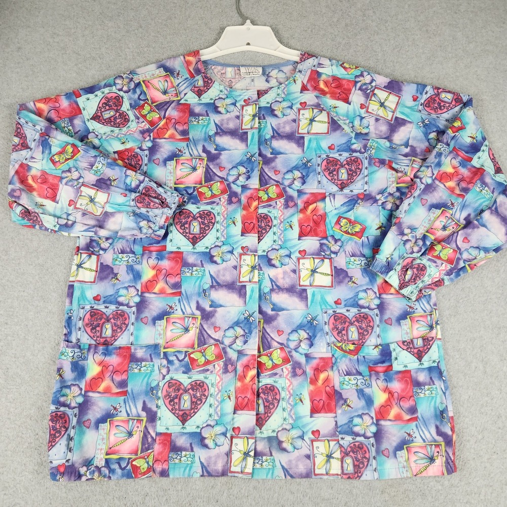 White Swan Scrub Jacket Womens L Multi Color Heart Dragonfly Cotton Snap Front
